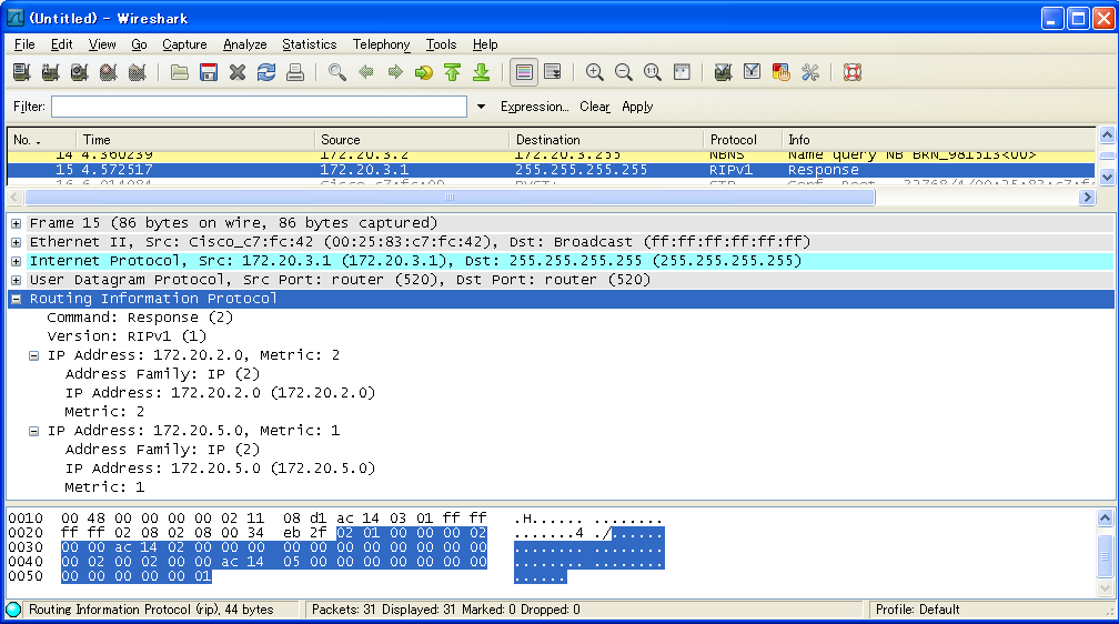 VPC1でのWiresharkの様子